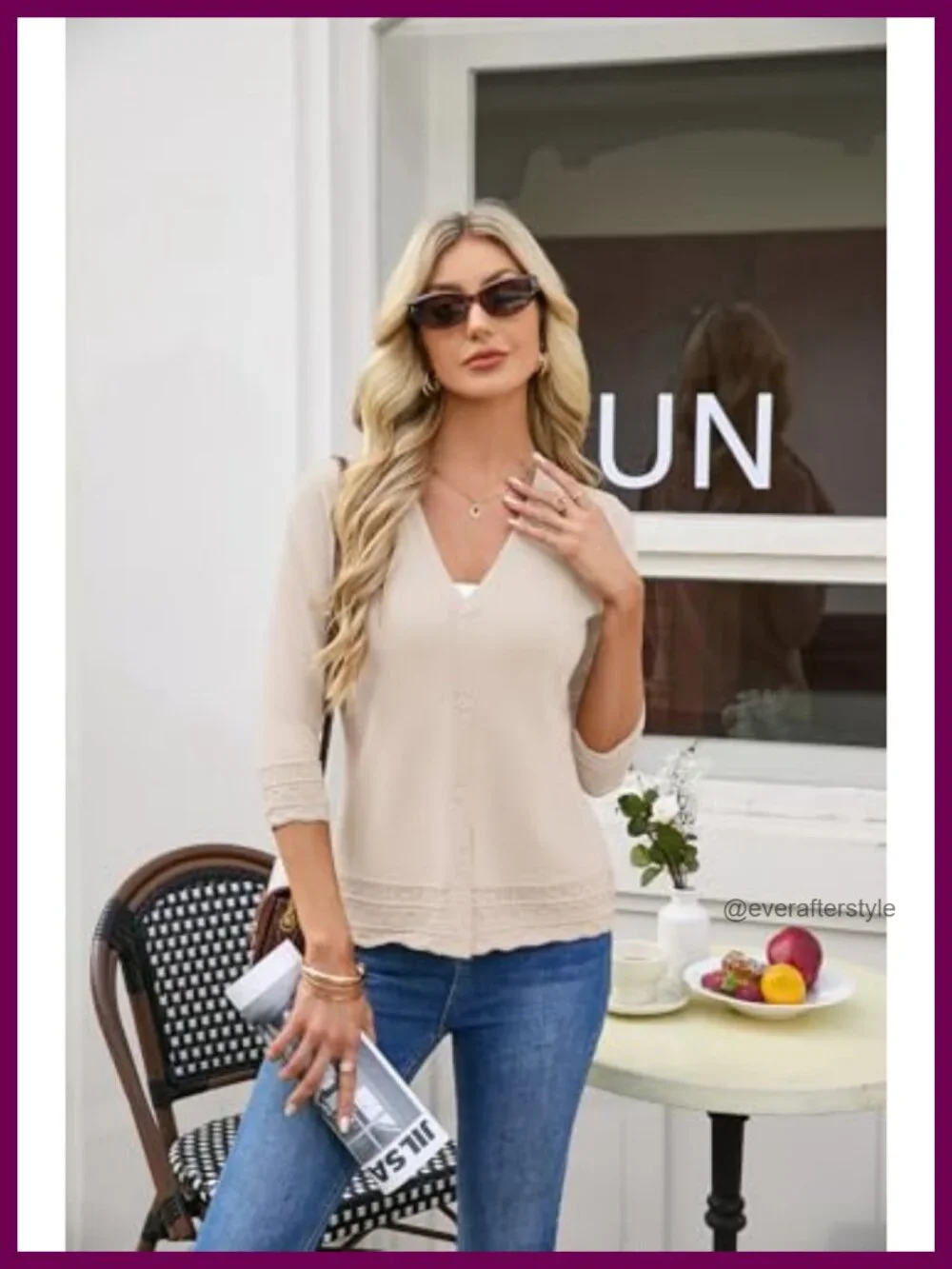 Lightweight Knit Cardigan 3/4 Sleeve V-Neck Button Up Summer Spring